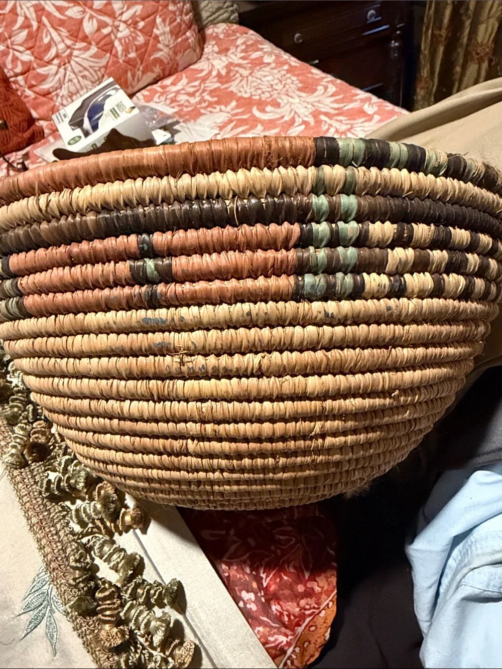 Handwoven Natural and Brown turquoise orange Basket very beautiful color